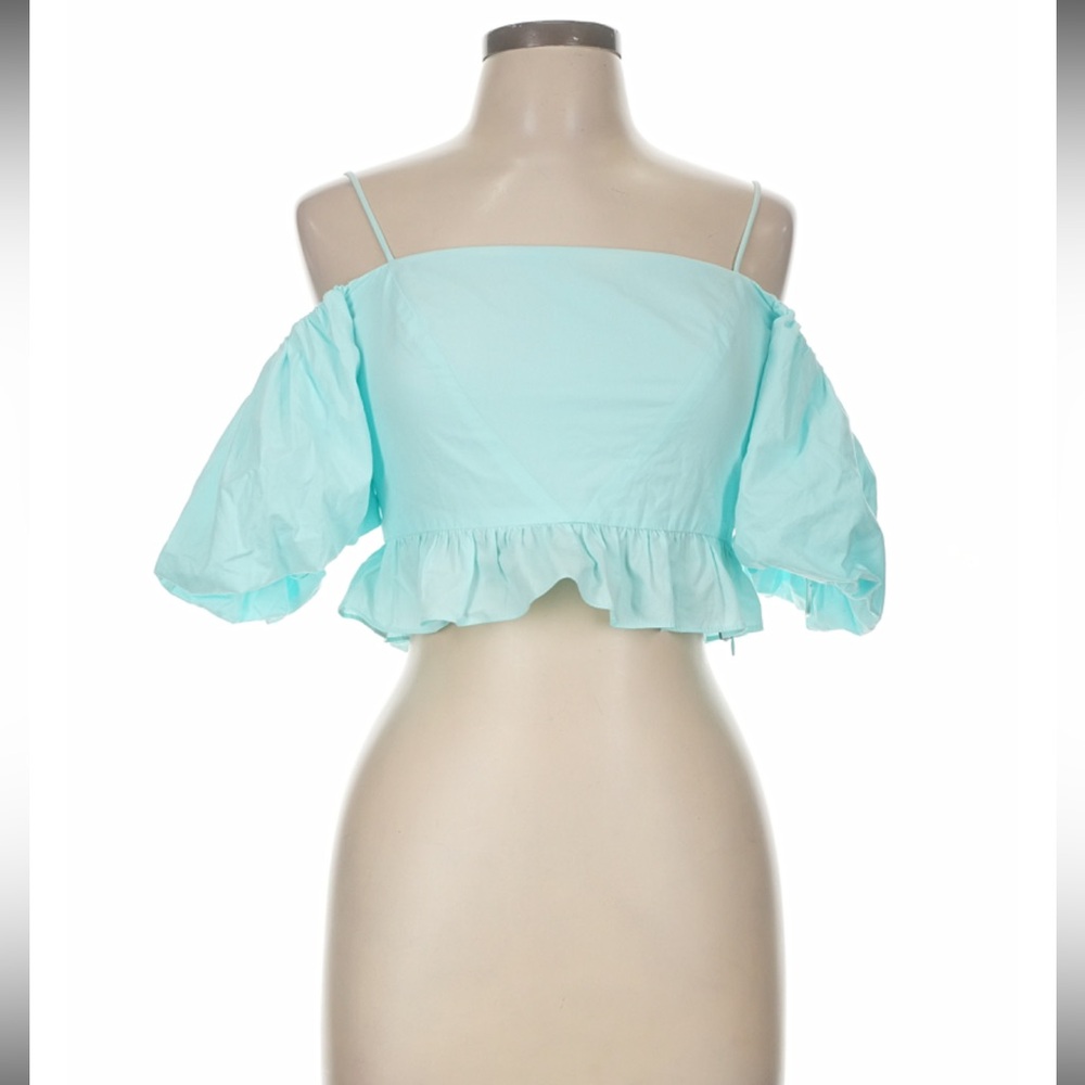 Light Blue Off-Shoulder Ruffle Crop Top